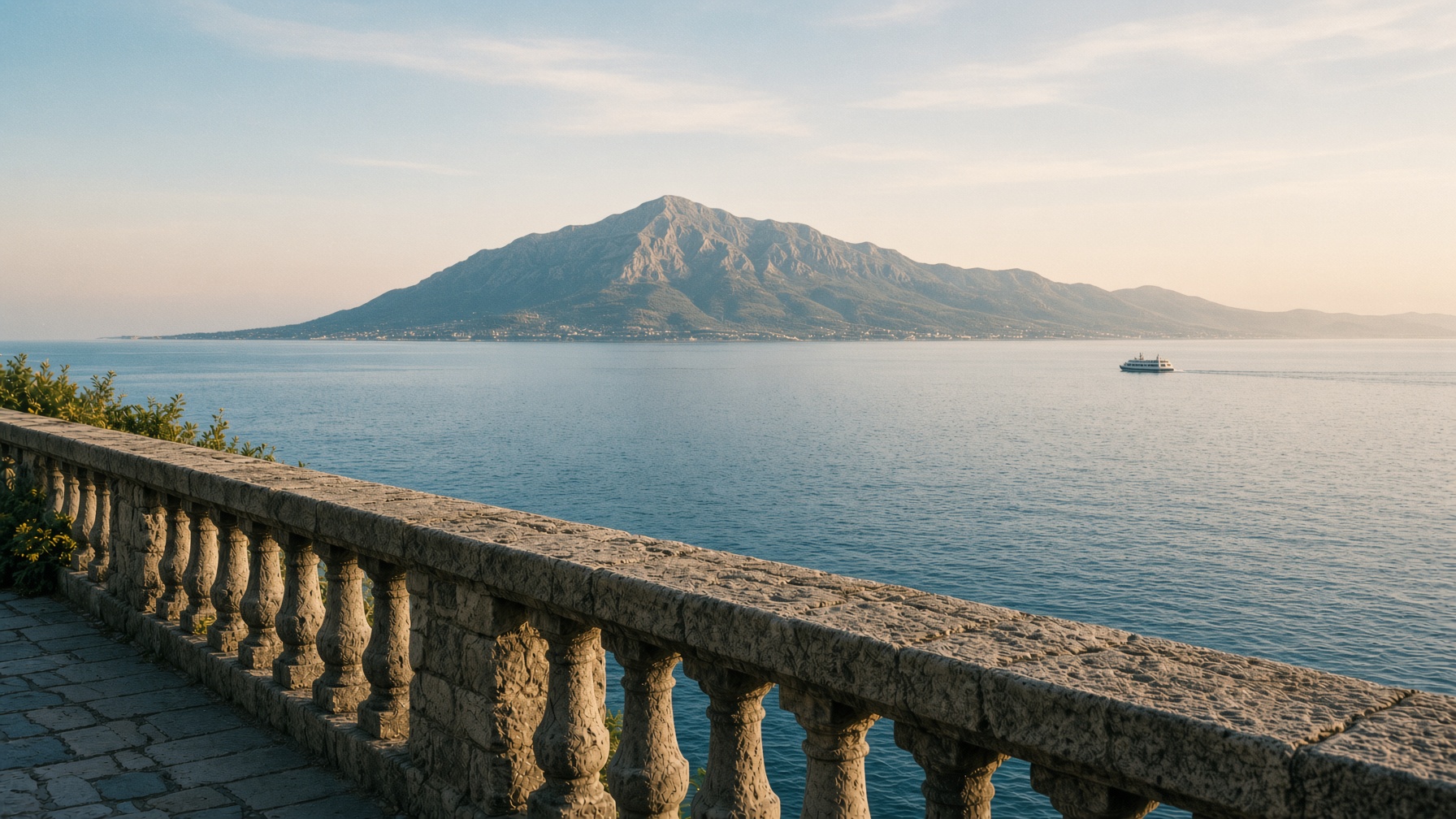 Morning water and a far mountain